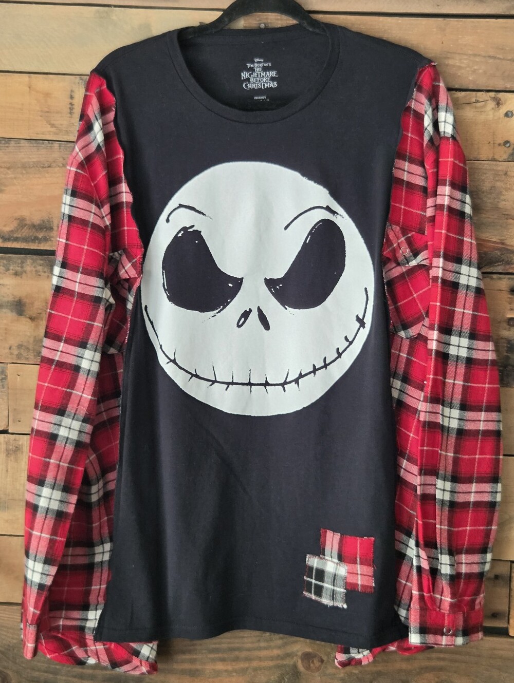 Upcycled Graphic T-shirt With Plaid Sleeves